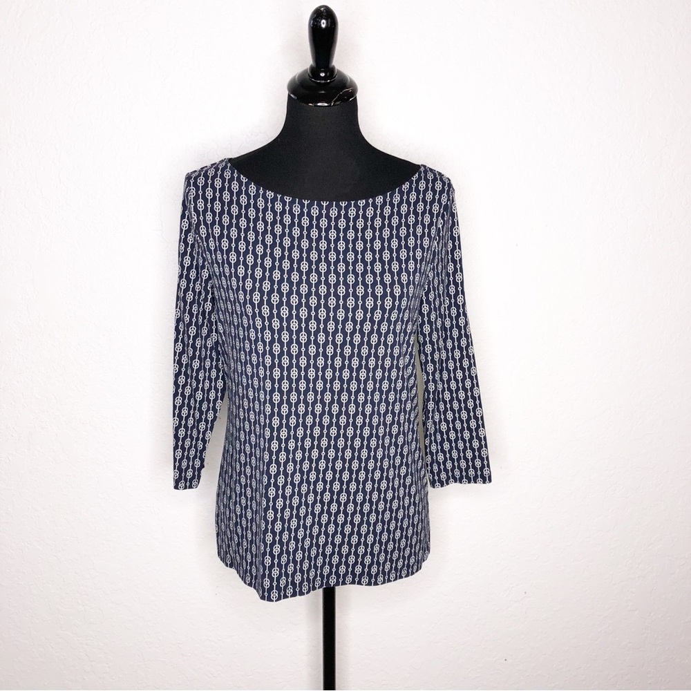 Ann Taylor navy blue white geometric nautical print‎ top size Medium